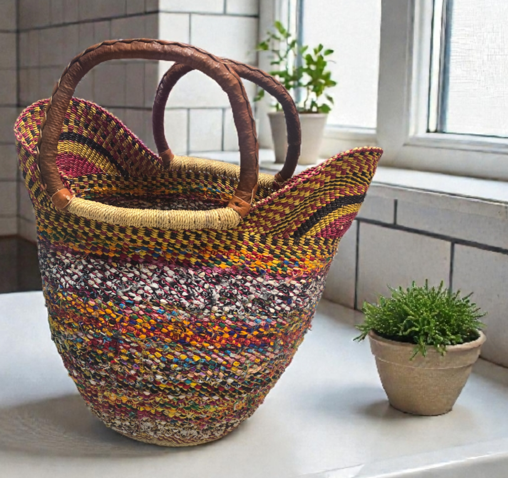 Bolga Basket with Ankara Accent – Handwoven & Upcycled-ORG