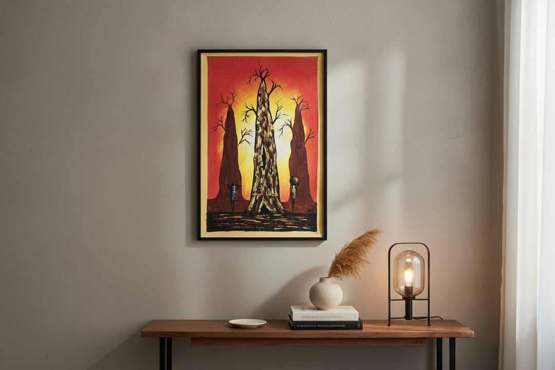 Guardians of the Baobab|Handcrafted Ghanaian Baobab Landscape Painting